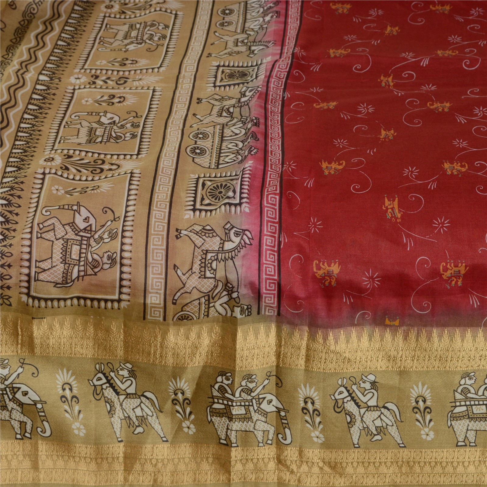 Sanskriti Vintage Sarees Red/Brown Animal Human Printed Pure Silk Sari Fabric