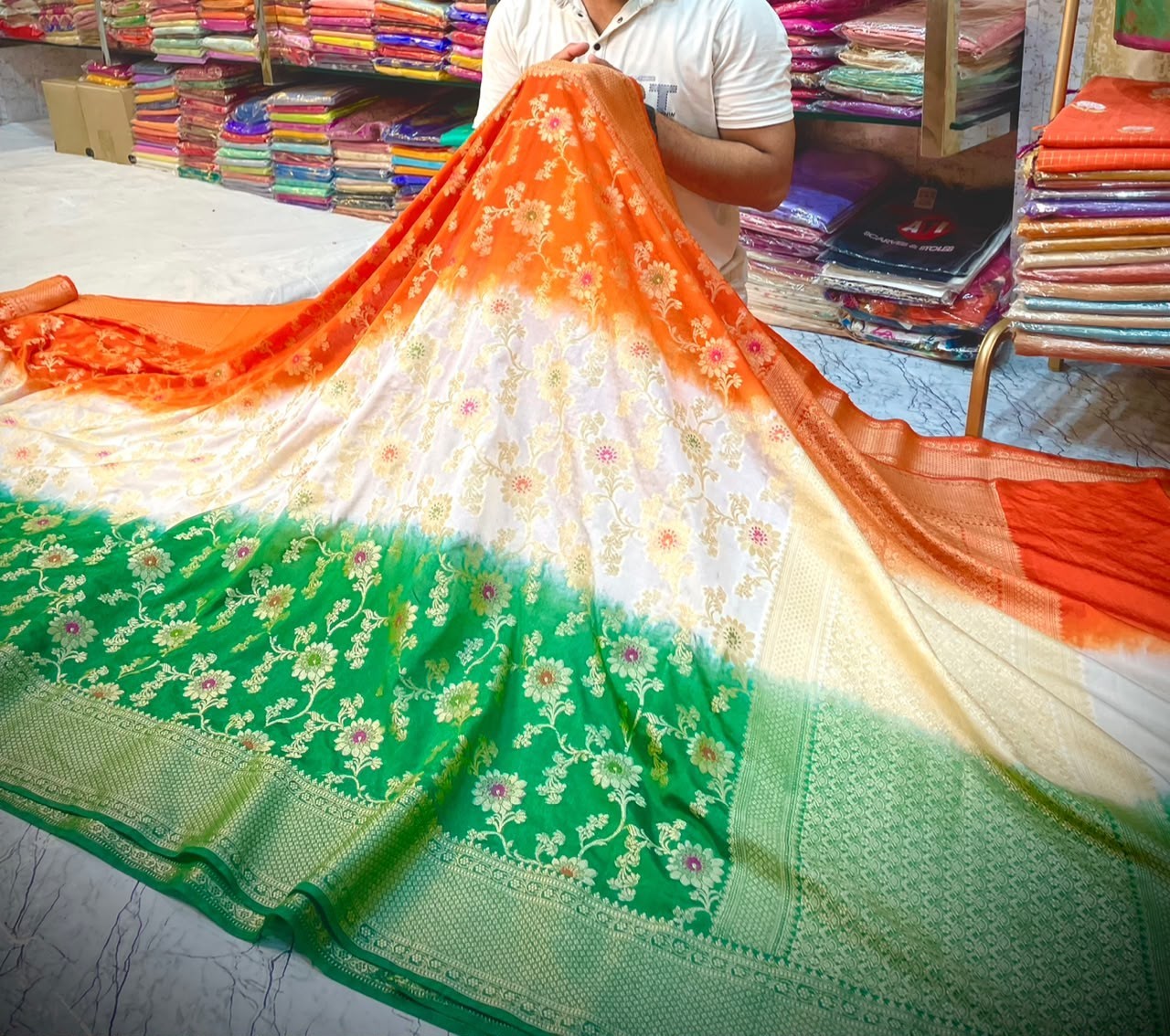 Banarasi Chinia Silk Saree Tricolor Tiranga Zari Weaving Party Wear Sarees