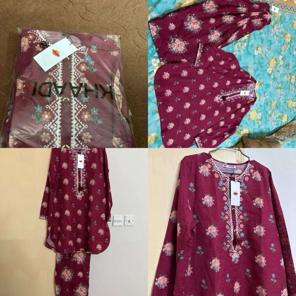 KHADI Maroon Cotton Floral Salwar Kameez Set Women Size M