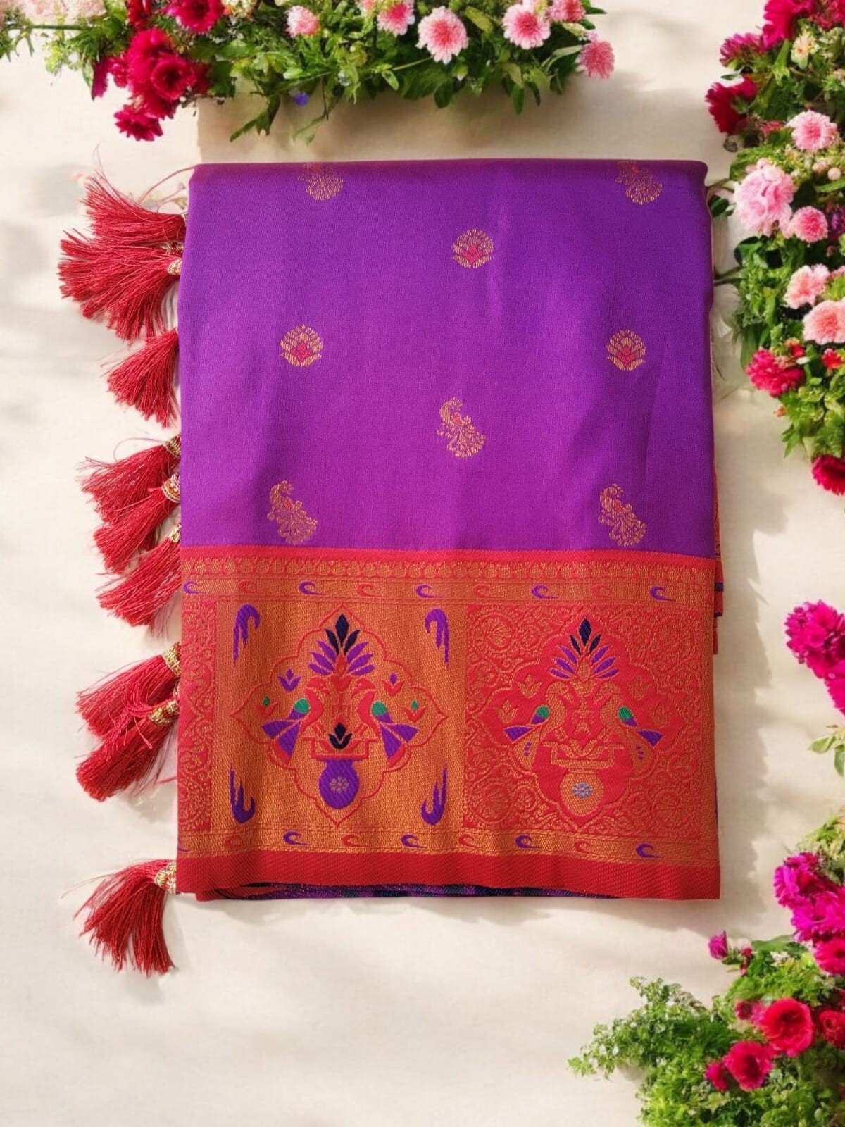 Indian Traditional Designer Paithani Silk Saree,Zari Meenakari Weaving Saree