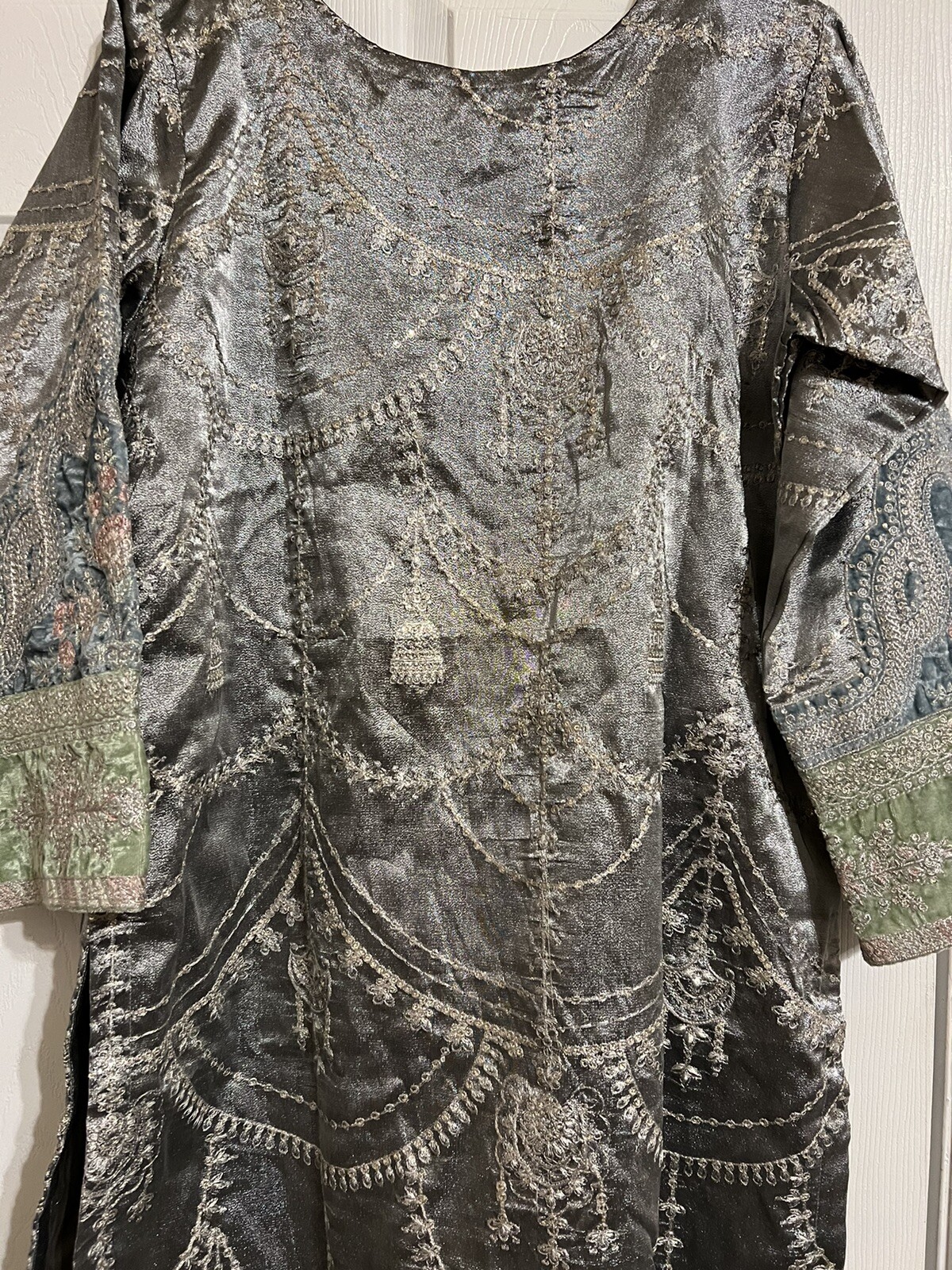 Grey/Silver/Green On Velvet Pakistani Fancy Gharara Dress