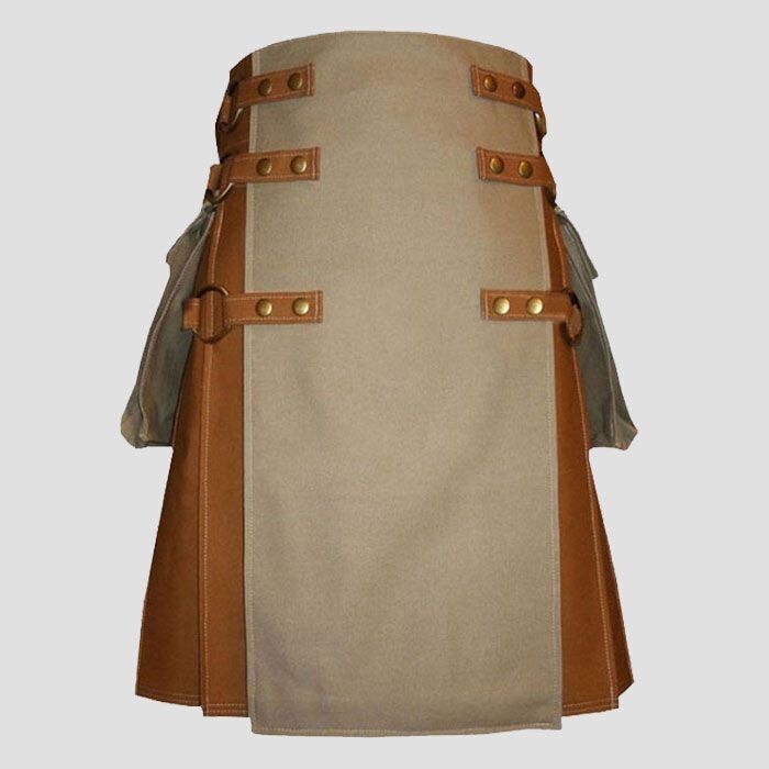 Men’s Scottish Brown Utility kilt Front Apron Khaki Color is made of Cotton