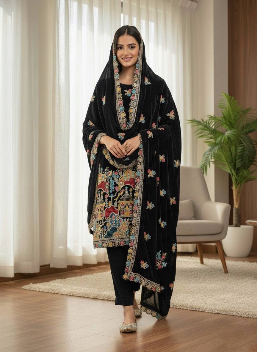 Stylish Black Velvet Readymade Salwar Suits For Women Indian Wedding Party Dress