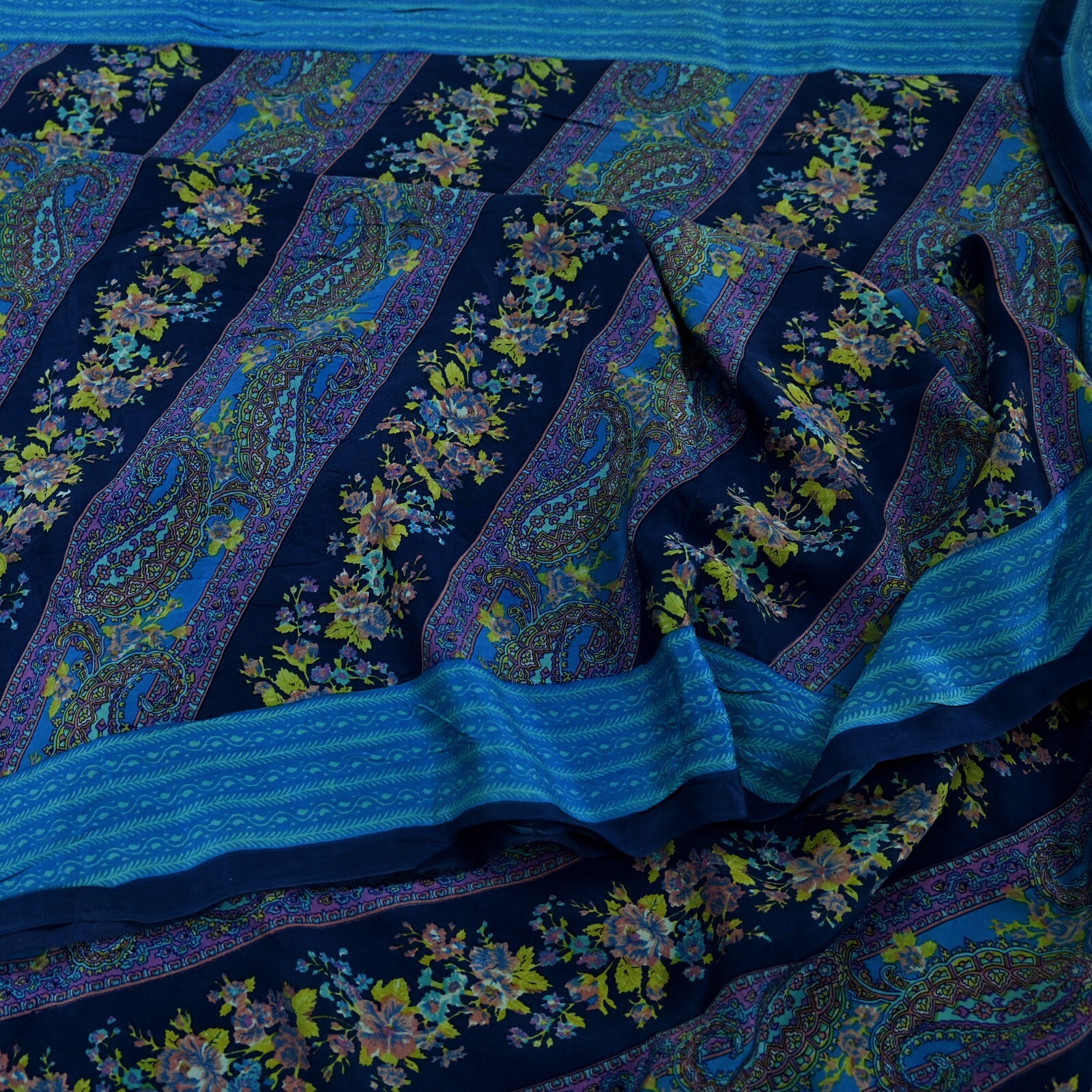 Vintage Blue Saree Pure Crepe Silk Printed Sari Craft Fabric 5yd Sewing Paisley