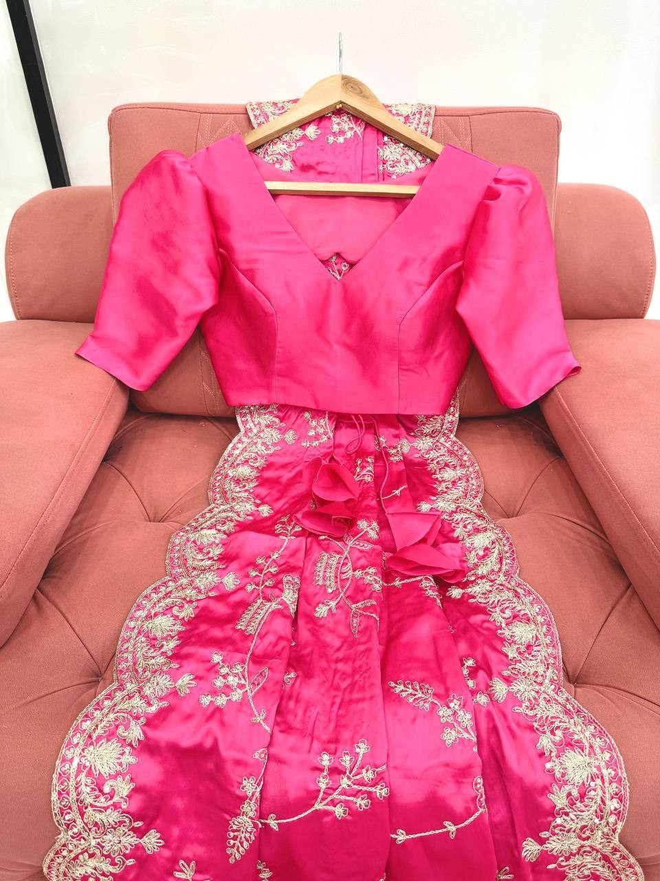 Indian Style Heavy Japan Satin Silk Pink Saree With Blouse For Wedding & party