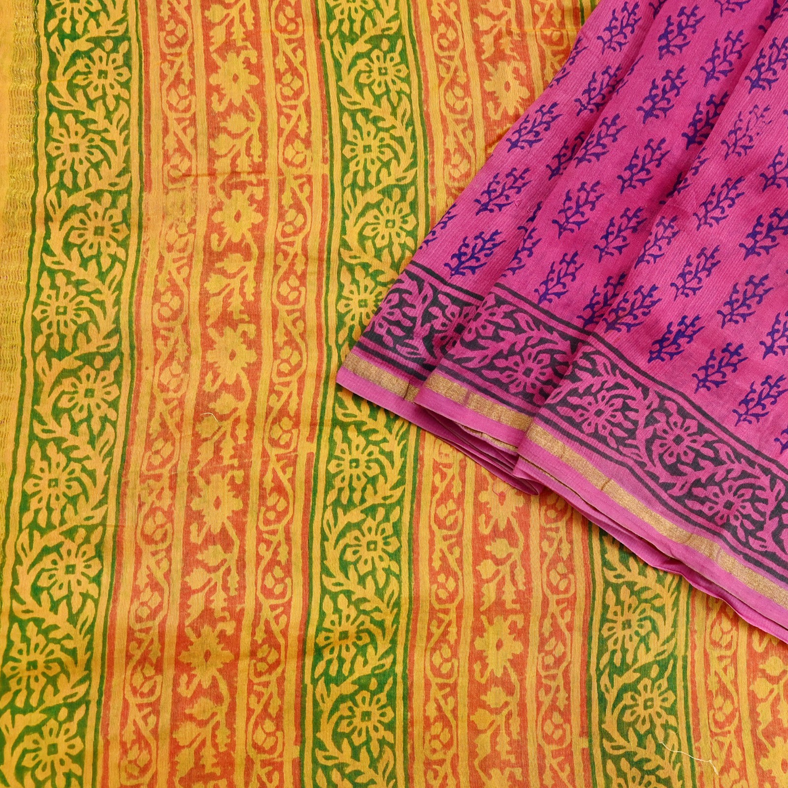 Indian Vintage Sari Pink Block Printed Sari Pure chanderi Silk Saree Fabric 5Yd