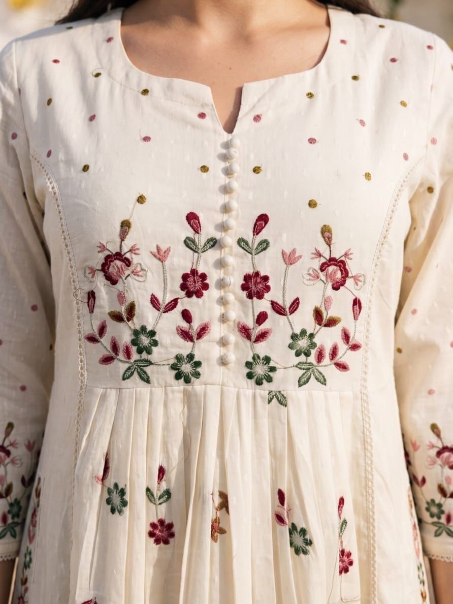 Women’s Cotton Embroidered Anarkali Kurta Pant Dupatta Set White Pink Ethnic Sui