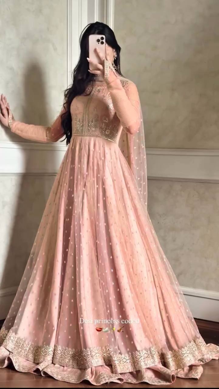 Stunning Faux Georgette Peach Top Lehenga With Dupatta For Wedding & Party Wear
