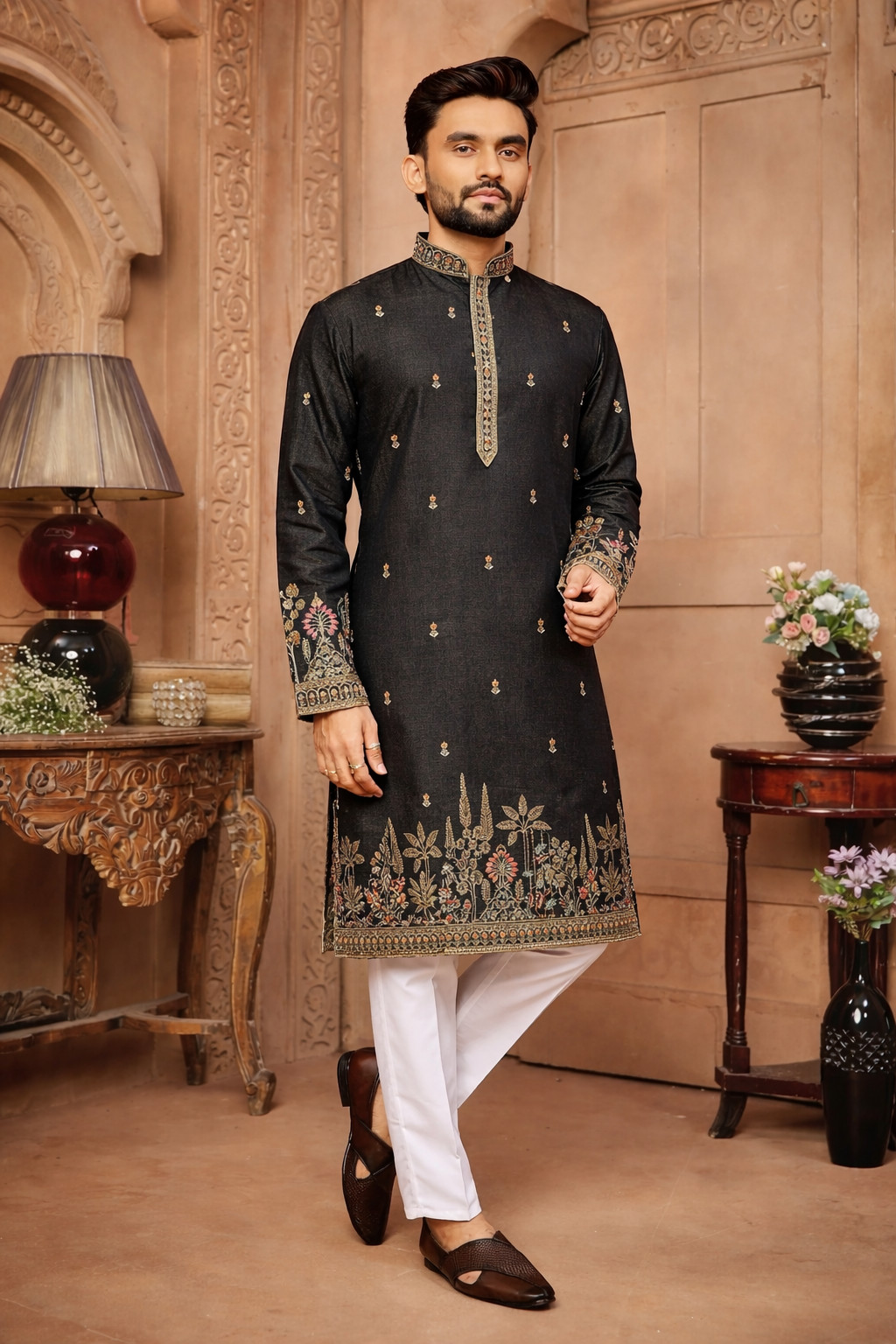 Men’s Silk Blend Kurta Gold Embroidered Mandarin Collar Festive Ethnic Wear