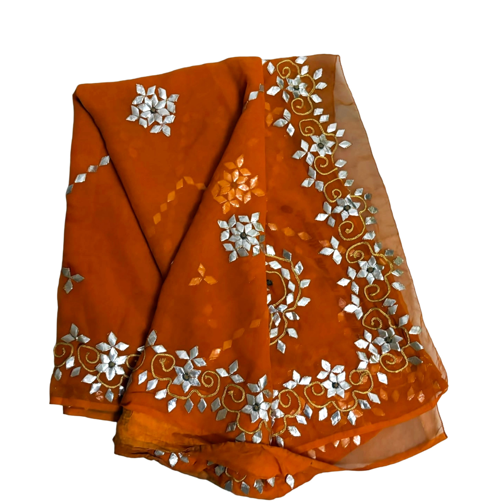 Ethnic Orange Saree Vintage Georgette Recycled Fabric Gota 5Y Sari Dress Indian