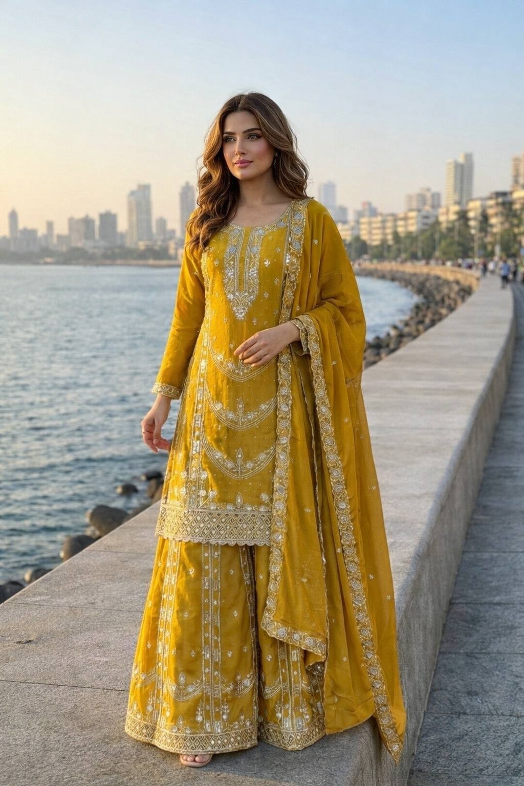 Beautiful Jarman Chinon Silk Yellow Top Palazzo With Dupatta For Ethnic Wear