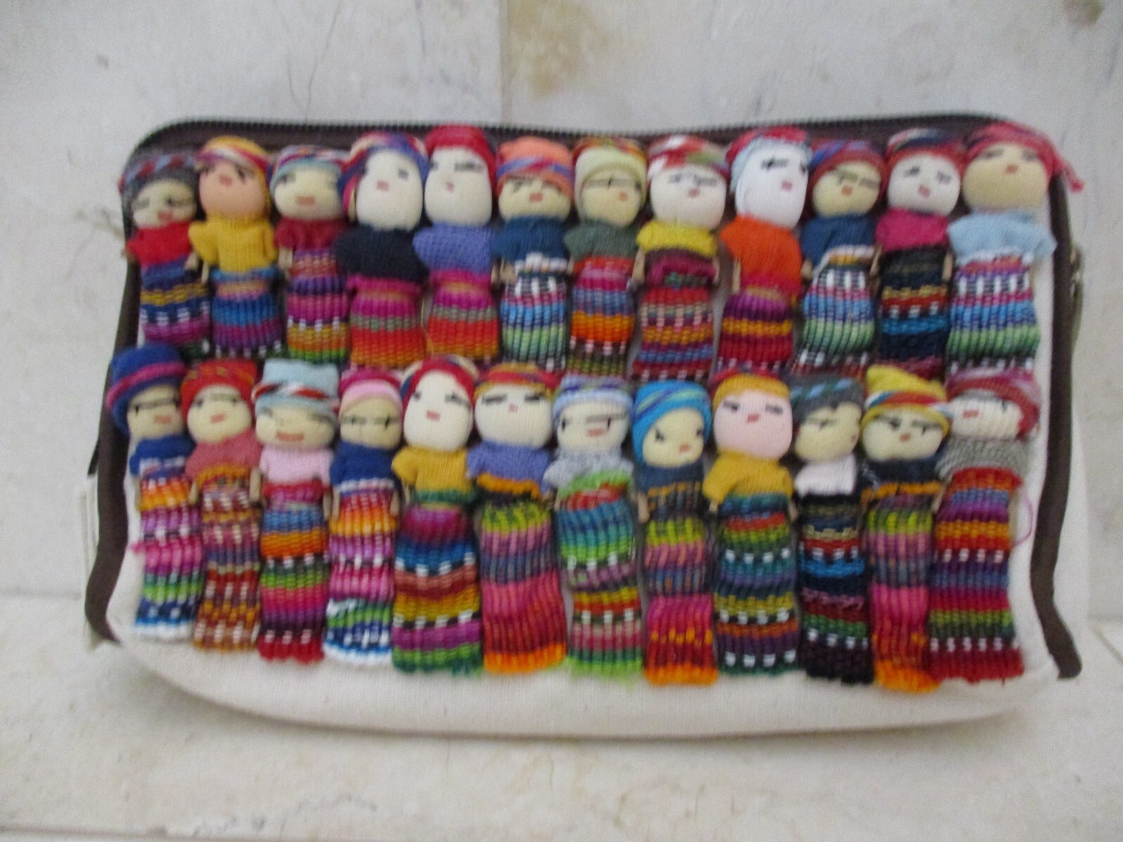 Mexican Handmade Canvas Multicolor Worry Doll Zipper Cosmetic Bag Makeup 8″ NWOT