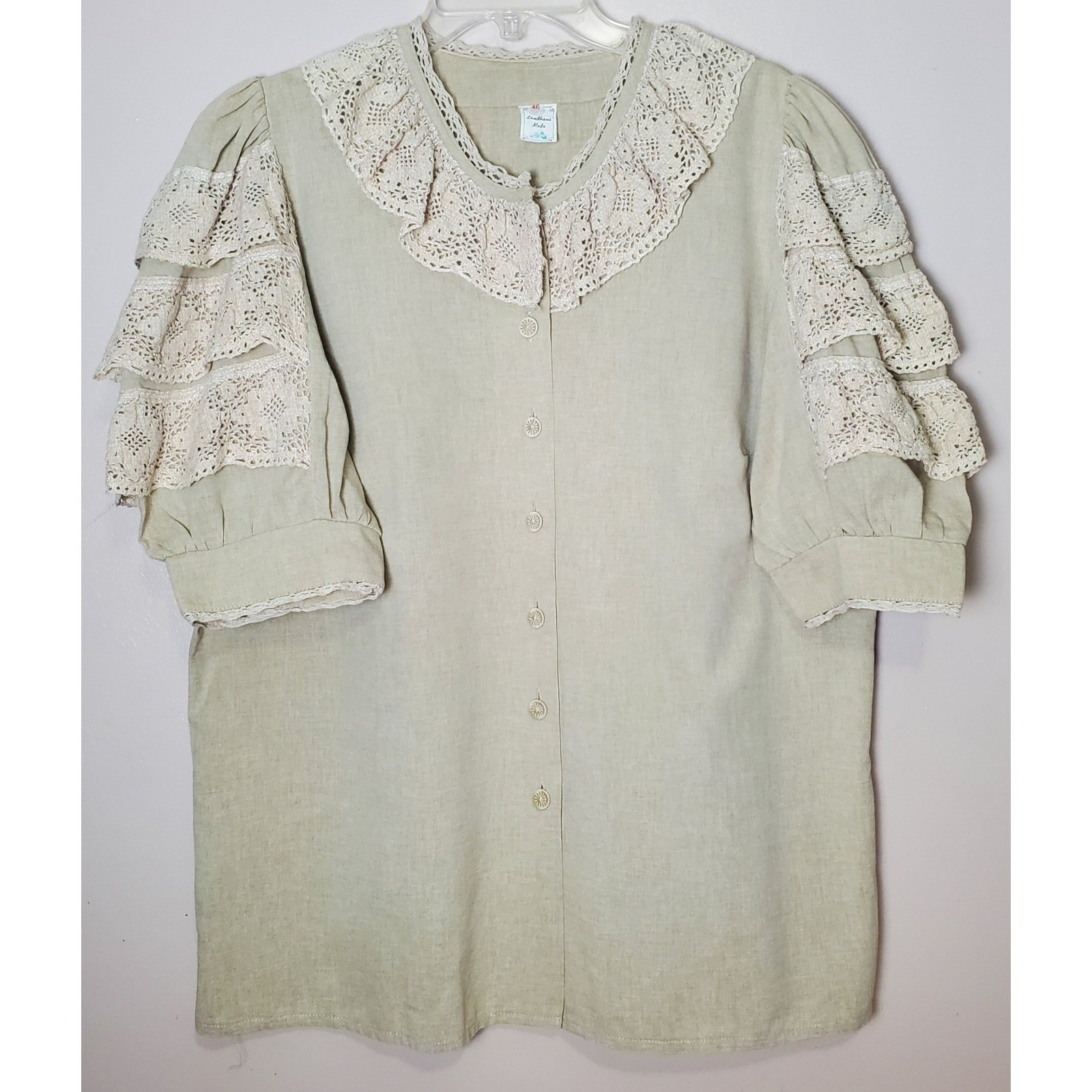 Landhaus Mode XL Beige Peasant Blouse Lace Prairie Cottagecore Lagenlook Boho