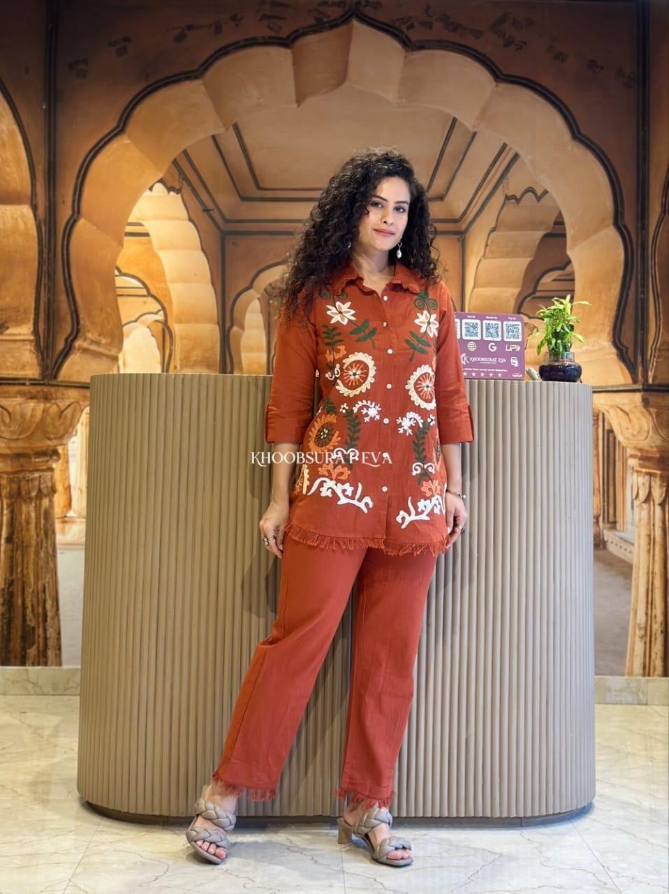Beautiful Cotton Slub Women’s Kurta Cord Set Indian Party Wear Kurti Pant Set