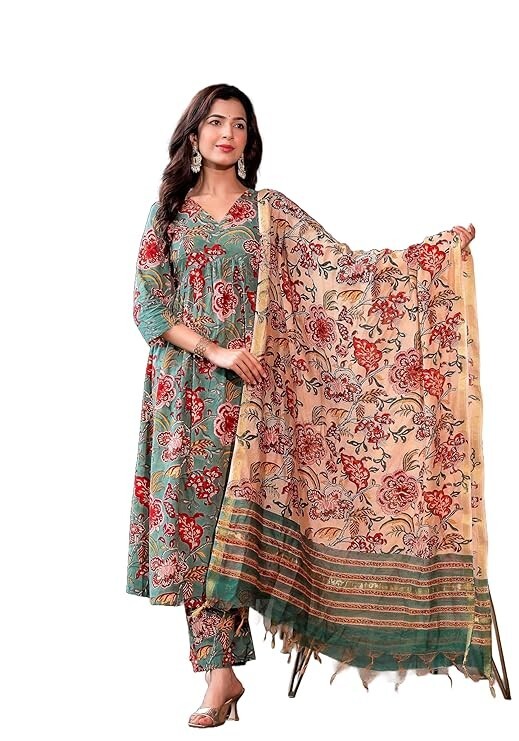 Women Designer Floral Printed Regular Kurta Set, 3 Piece Salwar Kameez Duppatta