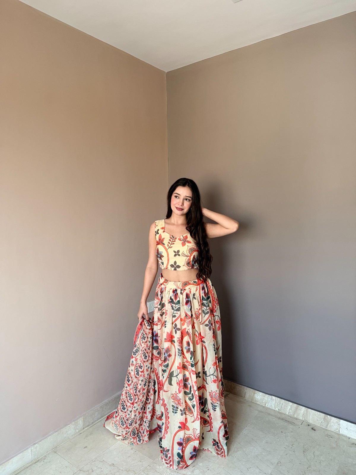 Pure Organza Floral Printed Lehenga Choli Set Intricate Hand Work Sleeveless