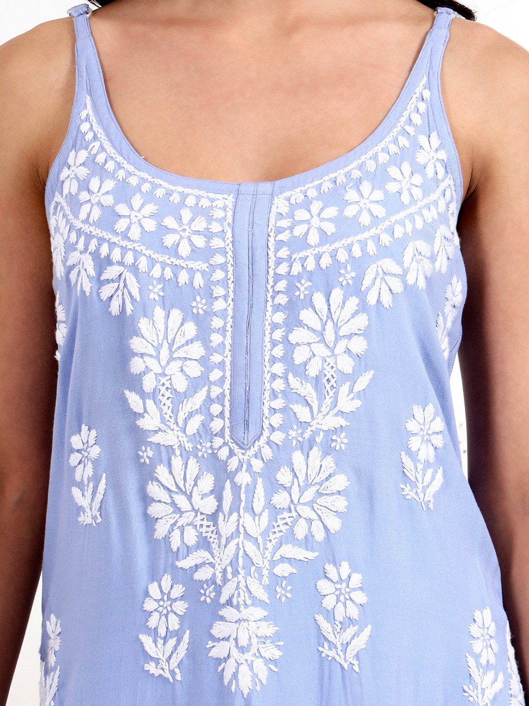 Women’s Blue Chikankari Sleeveless Kurti Embroidered Summer Tunic Ethnic Top