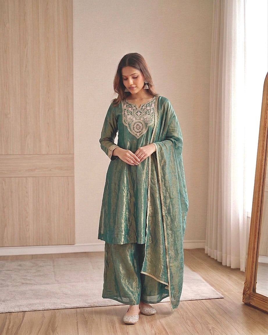 Latest Collection Soft Silk Kurta Palazzo With Dupatta For Wedding & Party Wear