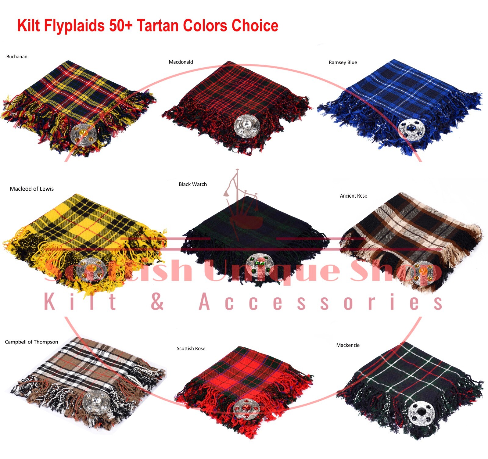 Scottish 50+ tartan Colors kilt fly plaid size (48 X 48) & Celtic 5 stone brooch