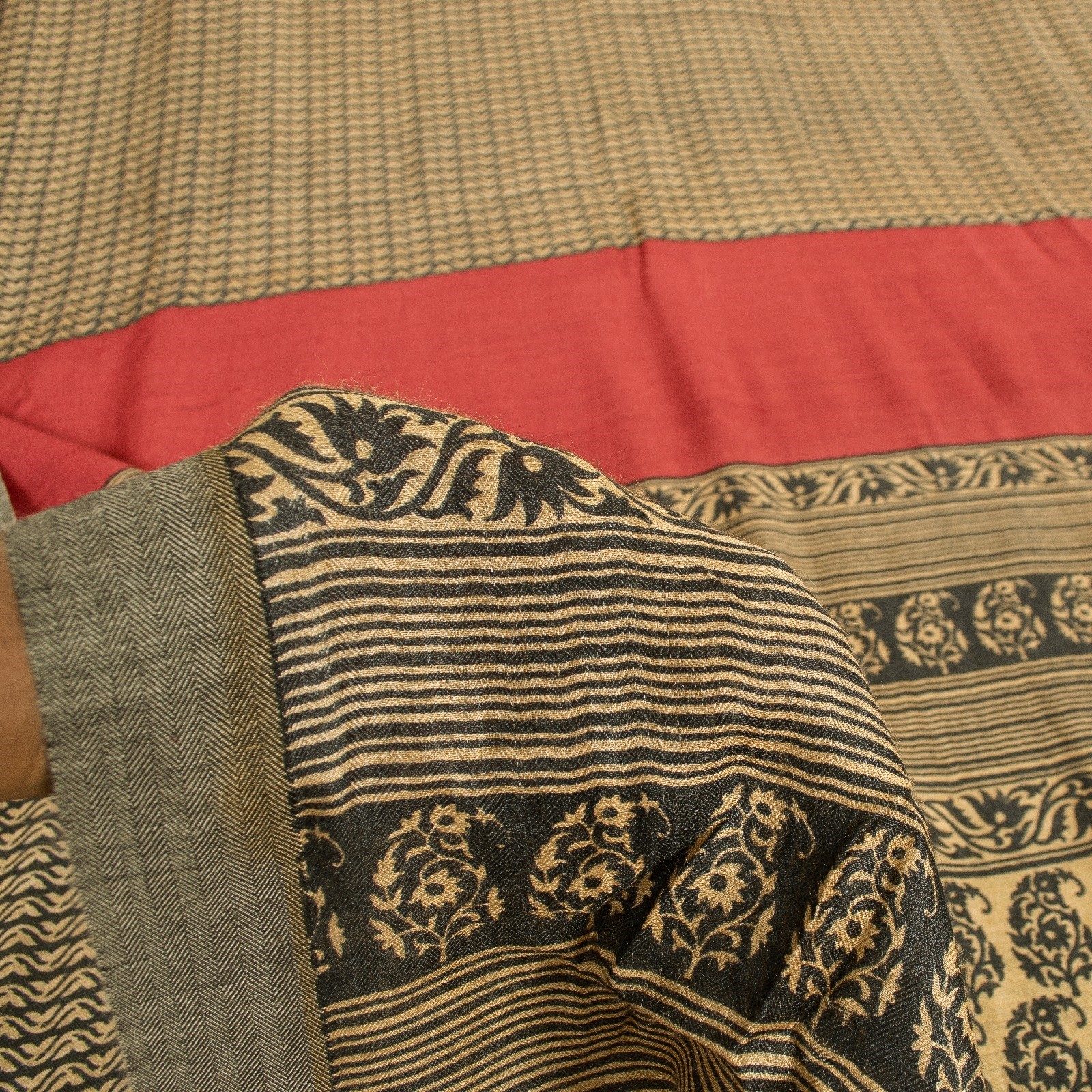 Sanskriti Vintage Sarees Brown & Black Block Printed Pure Woolen 5+Yd Warm Sari