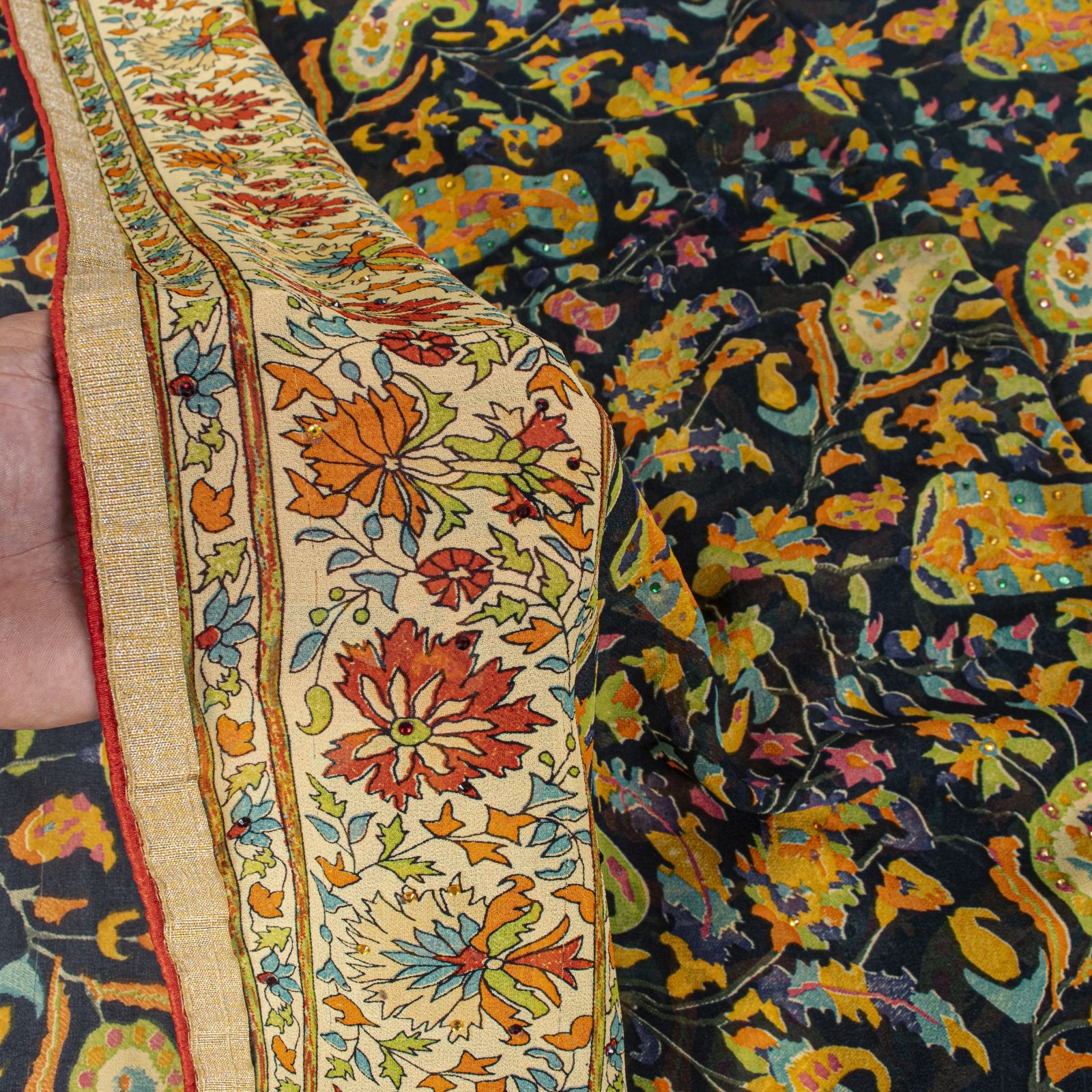 Sanskriti Vintage Saree Black Georgette Kani Palla-Kalamkari Print Fabric Sari