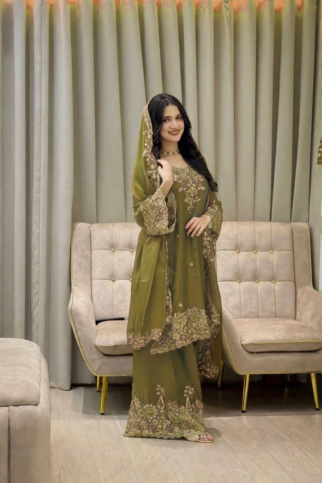 Pakistani Multi-Gold Embroidered Salwar Kameez Ready To Wear Party Wedding