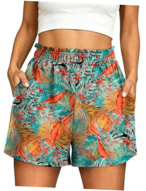 Shorts for Women Summer Casual Elastic Waisted Comfy Medium B Leavescyan