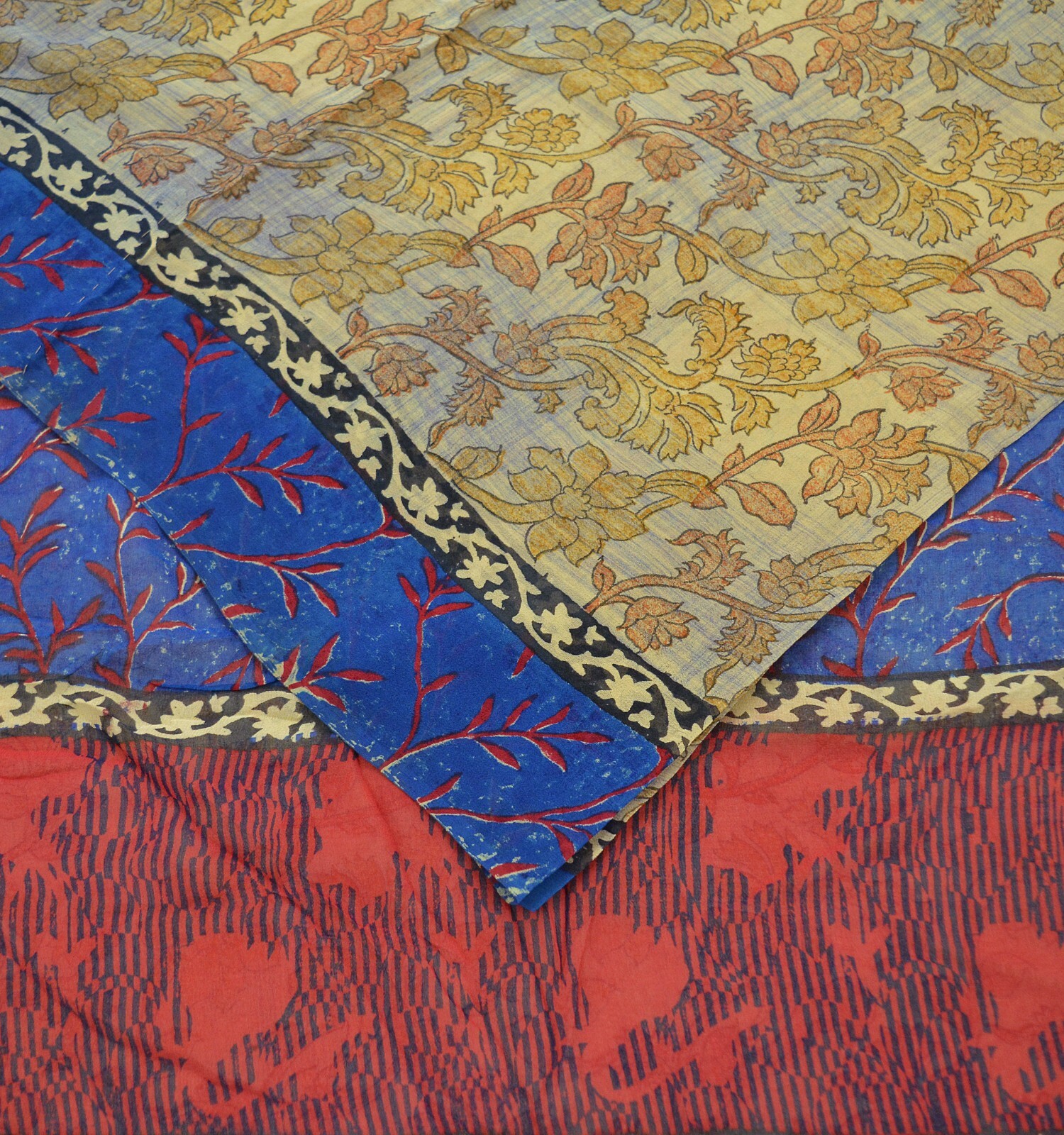 Indian Vintage Sari Beige & Blue Pure Georgette Silk Sarees Craft Fabric Sewing