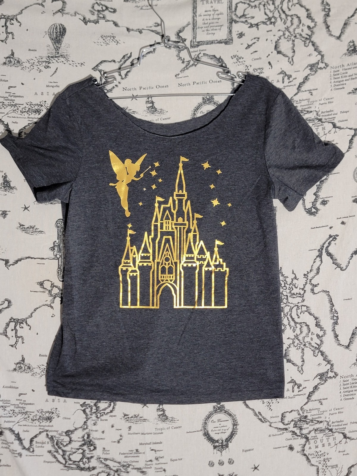 Disney Fairy Castle T-Shirt Women’s Gold Foil Print Short Sleeve Top