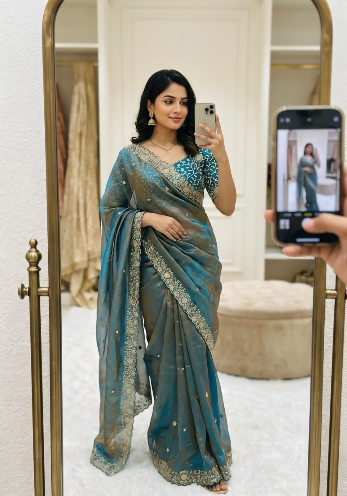 Designer Party Wear Sari Women Blue Ethnic Saree With Heavy Embroidered Blouse