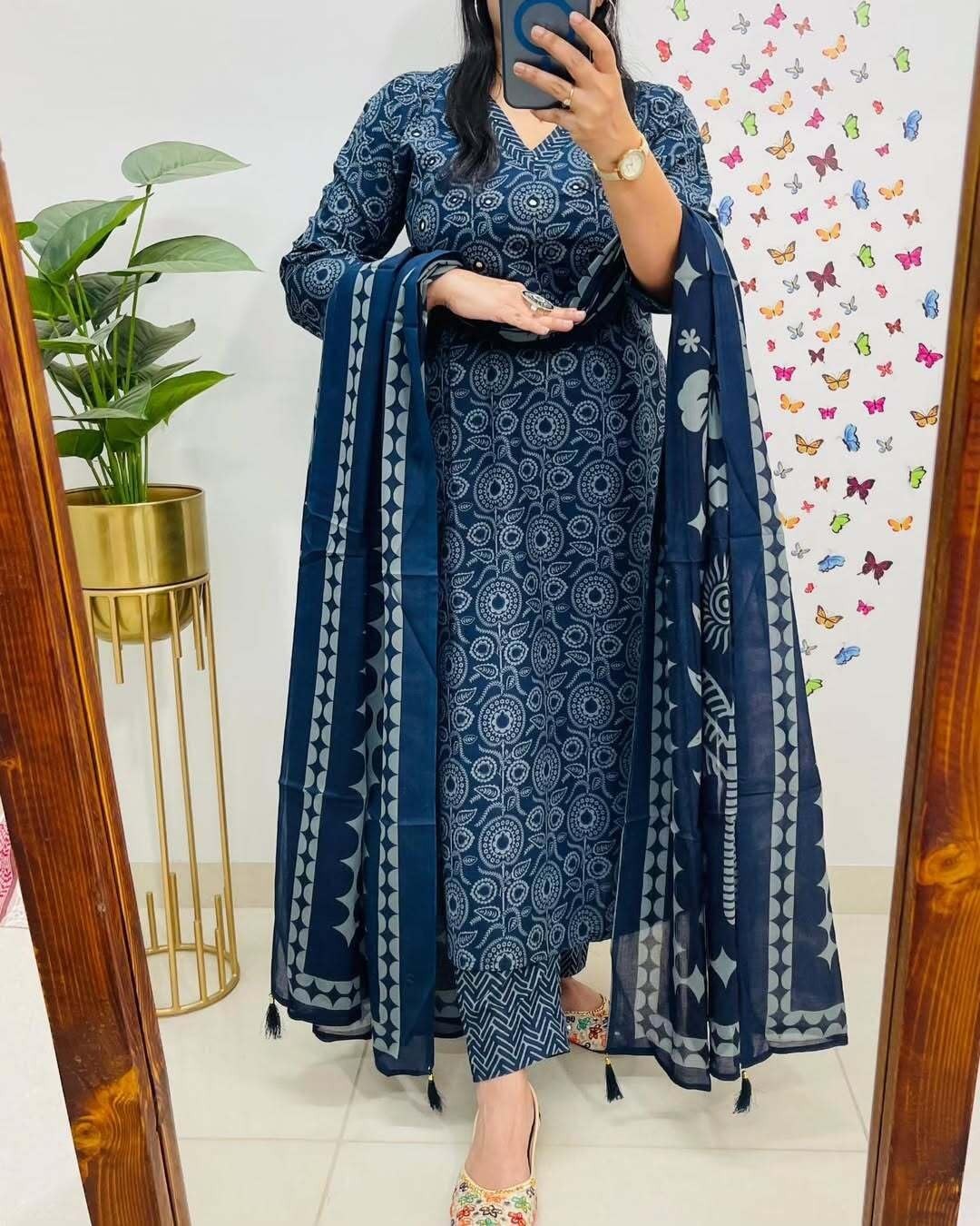 Women’s Pure Cotton Printed Straight Kurta with Pants and Dupatta Set