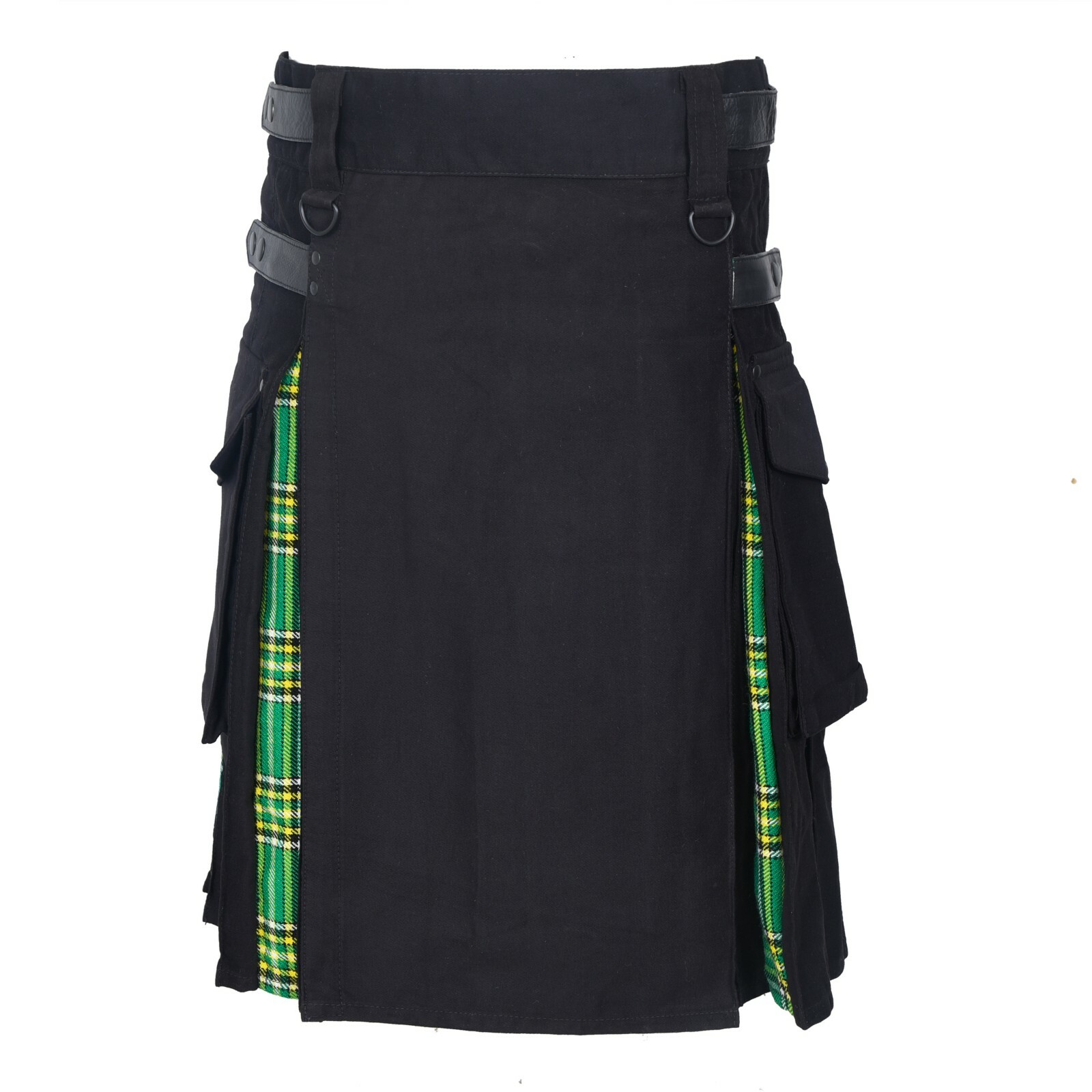 Men’s Hybrid Leather Straps, Cotton & Tartan Utility Kilt – Green Tartan