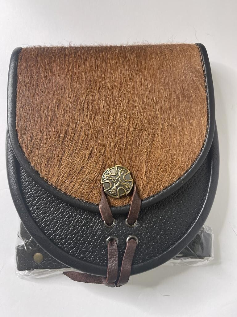 Semi Dress Brown Sporran, Black Leather Goat Head Fur, Button Lock with Leather