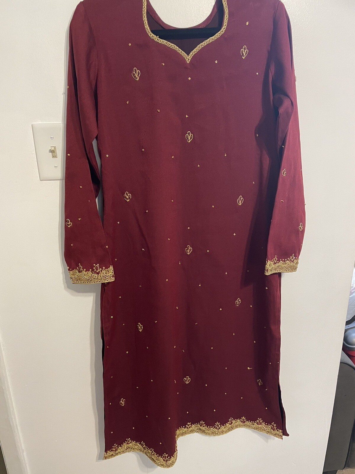 Pakistani Indian Shalwar Kameez Wedding Eid Ethnic Ramzan Maroon And Golden 3pc