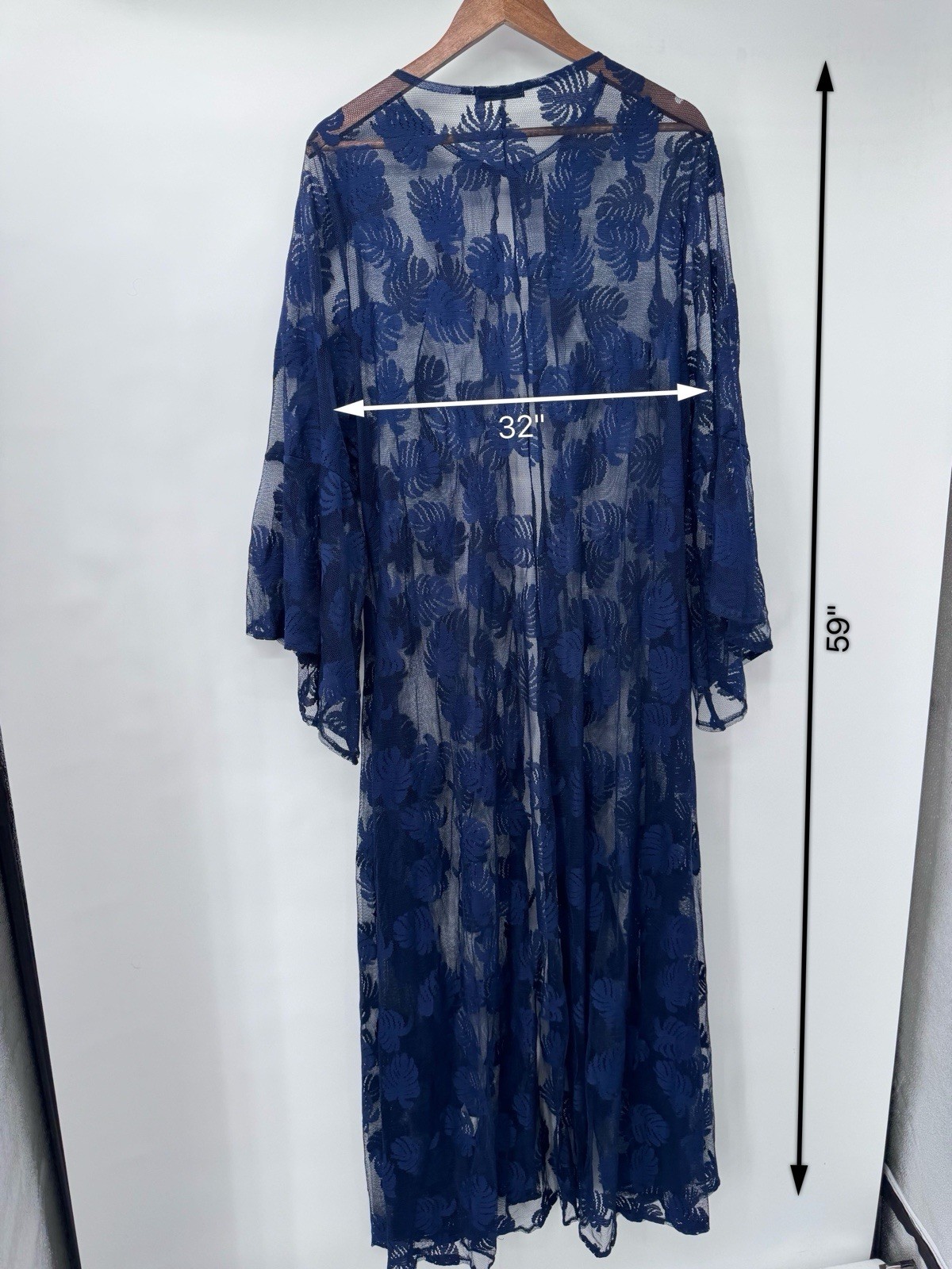 Navy Sheer Lace Duster Kimono bell flare sleeves tropical vacation resort 32 ptp