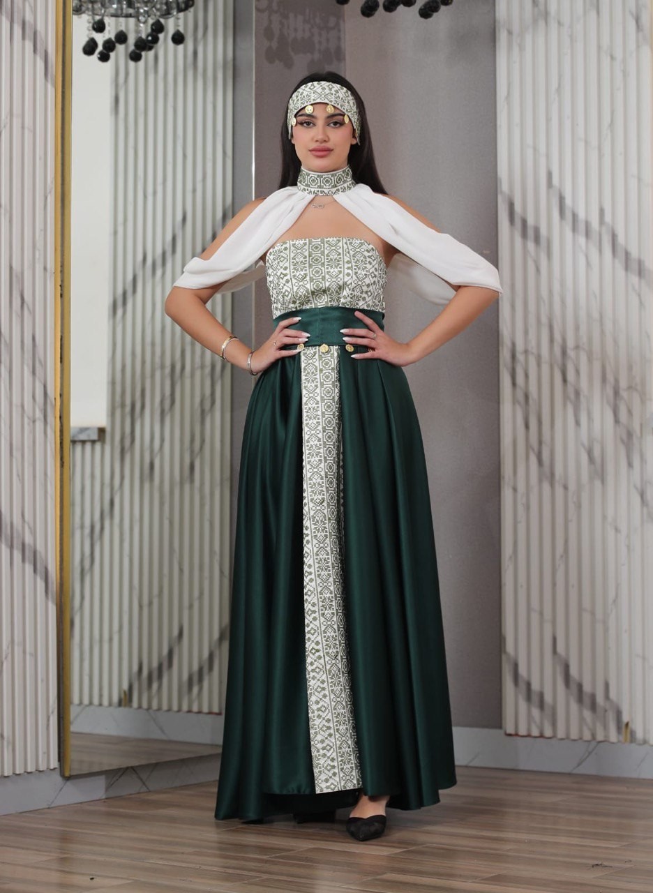 Women Palestinian Embroidered Thobe Dress Off Shoulder Satin Details & Headband