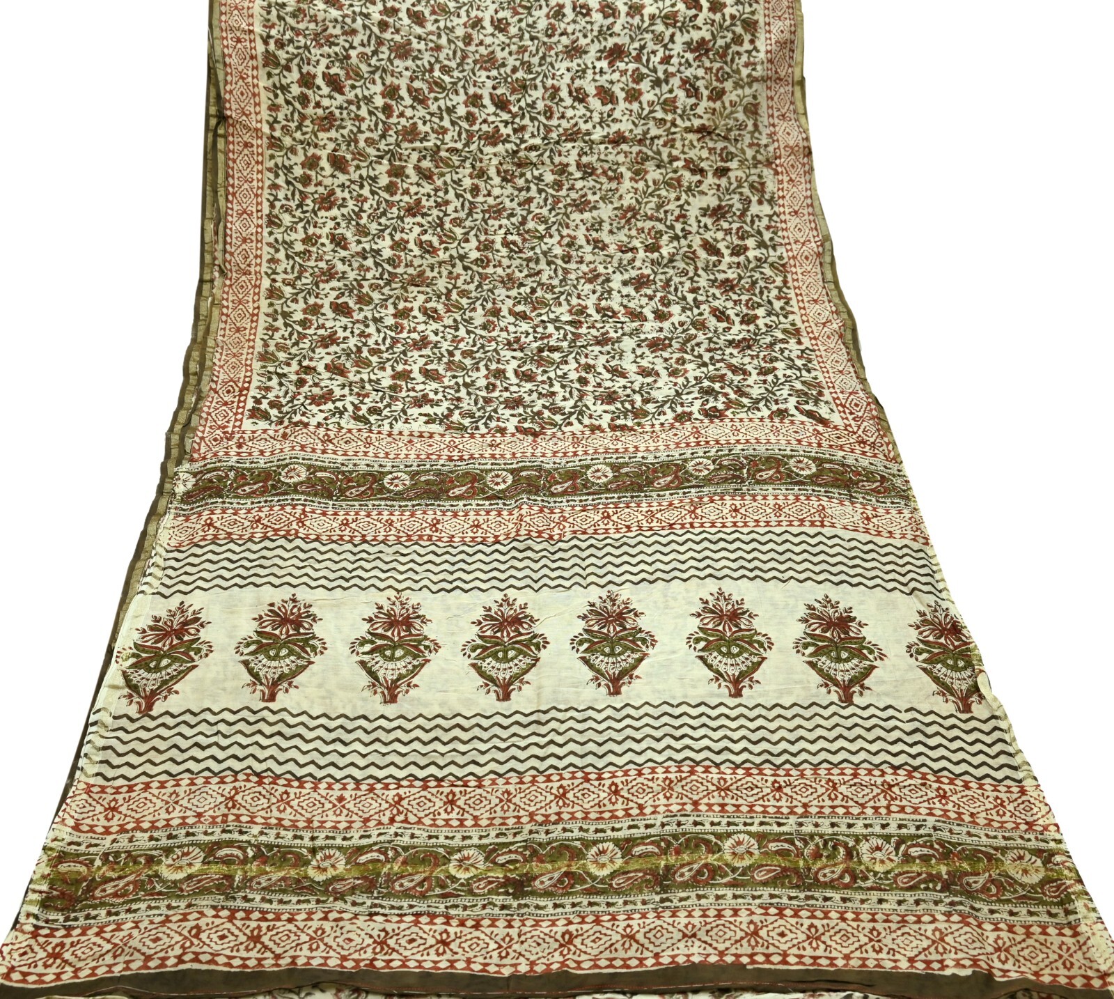 Vintage Sari Beige Block Printed Chanderi Cotton Craft Fabric 5Yd Sewing Zari