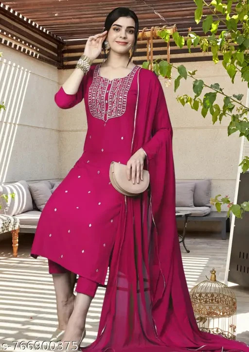 Aparna Apparel Women’s Rayon Blend Embroidered Kurta with Pant and Plain Dupatta