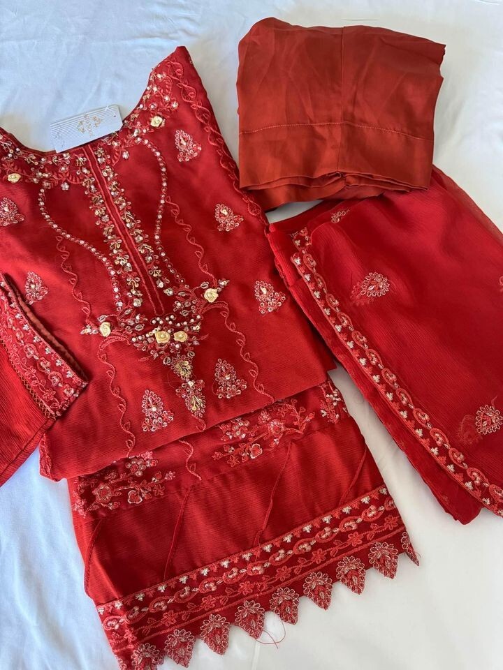 New 3pcs chiffon formal wear full embroidered full lined sleeves L46