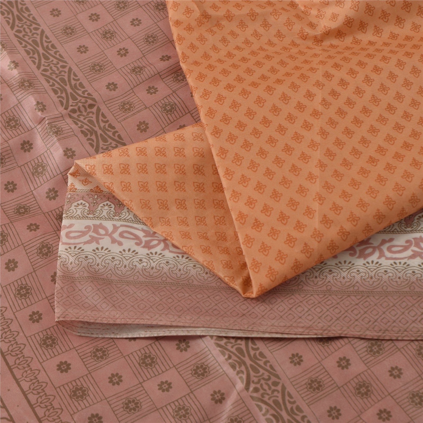 Sanskriti Vintage Peach Sari Art Silk Printed Sarees 5 Yard Paisley Craft Fabric