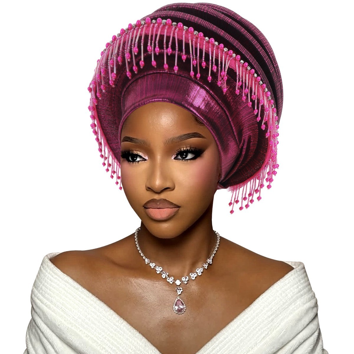 African Auto Gele Headtie for Women Tassels Lady Turban Headpiece Wrap Headwear