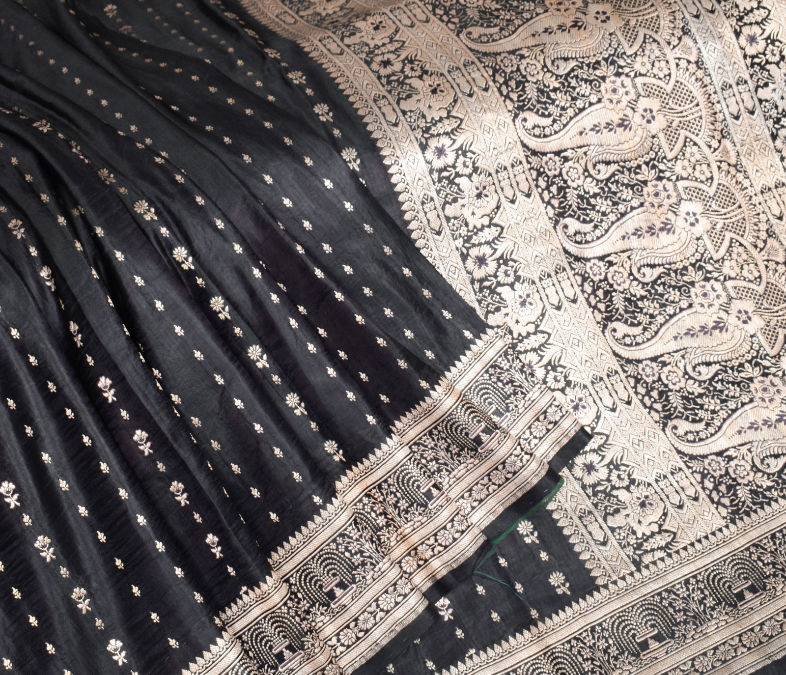 Sushila Vintage Heavy Black Saree Pure Satin Silk Banarasi Brocade Sari Fabric