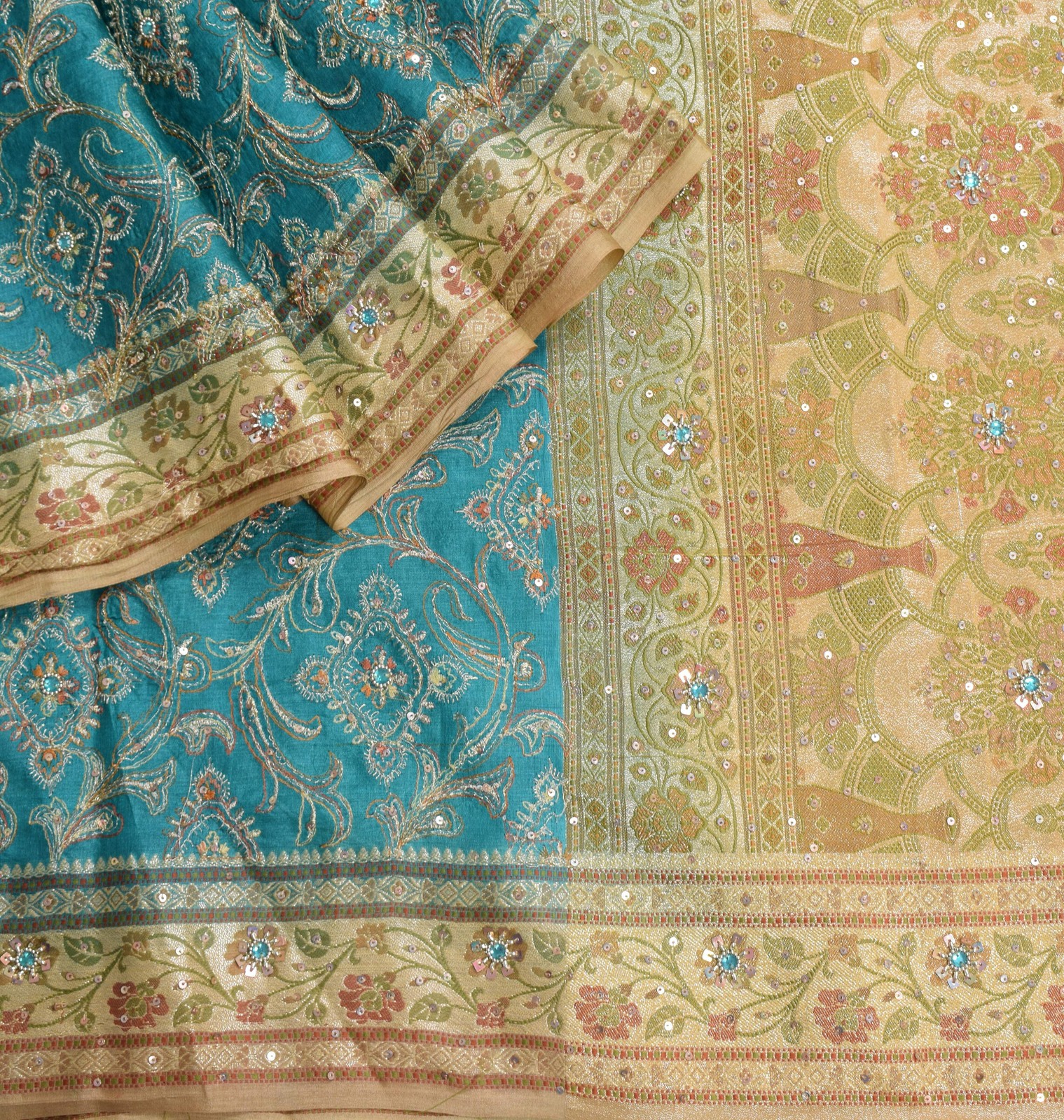 Sushila Vintage Teal Blue Saree Pure Tussar Silk Embroidered Zari Woven Sari Fab