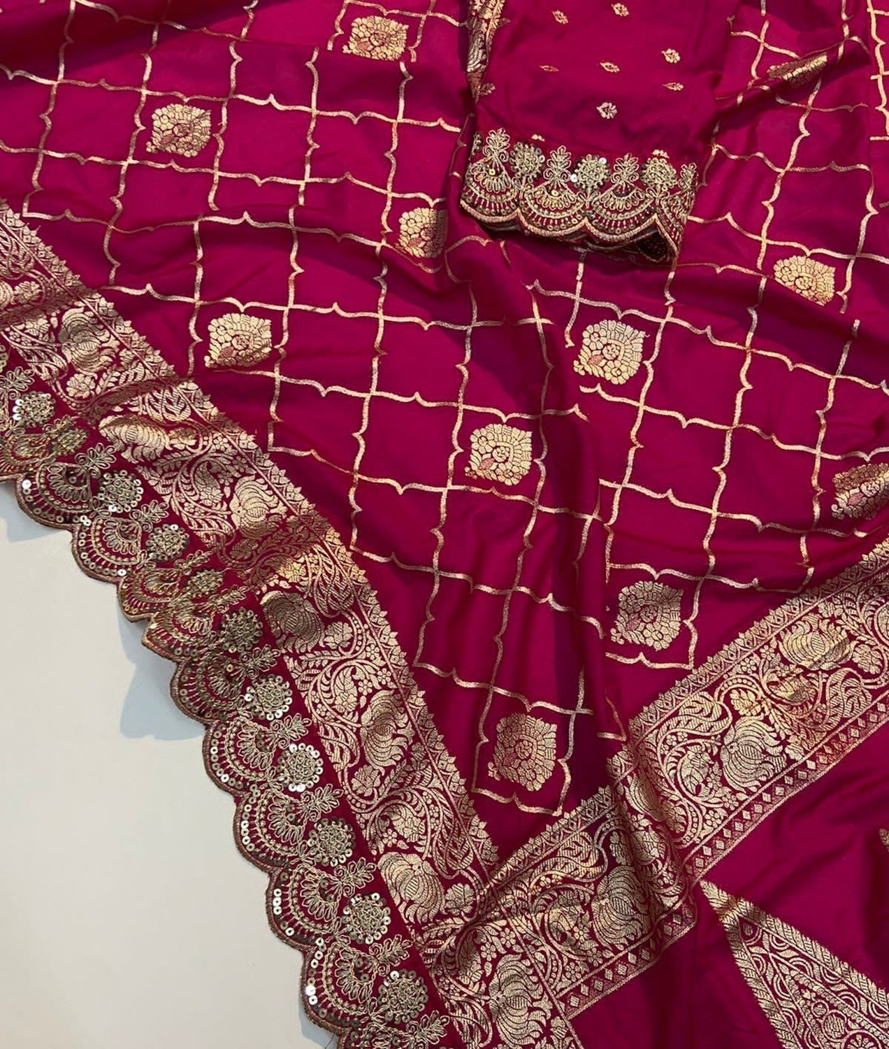 Luxury Khadi Pattu Crepe Silk Saree, All-Over Zari Design, Scalloped Lace Borde