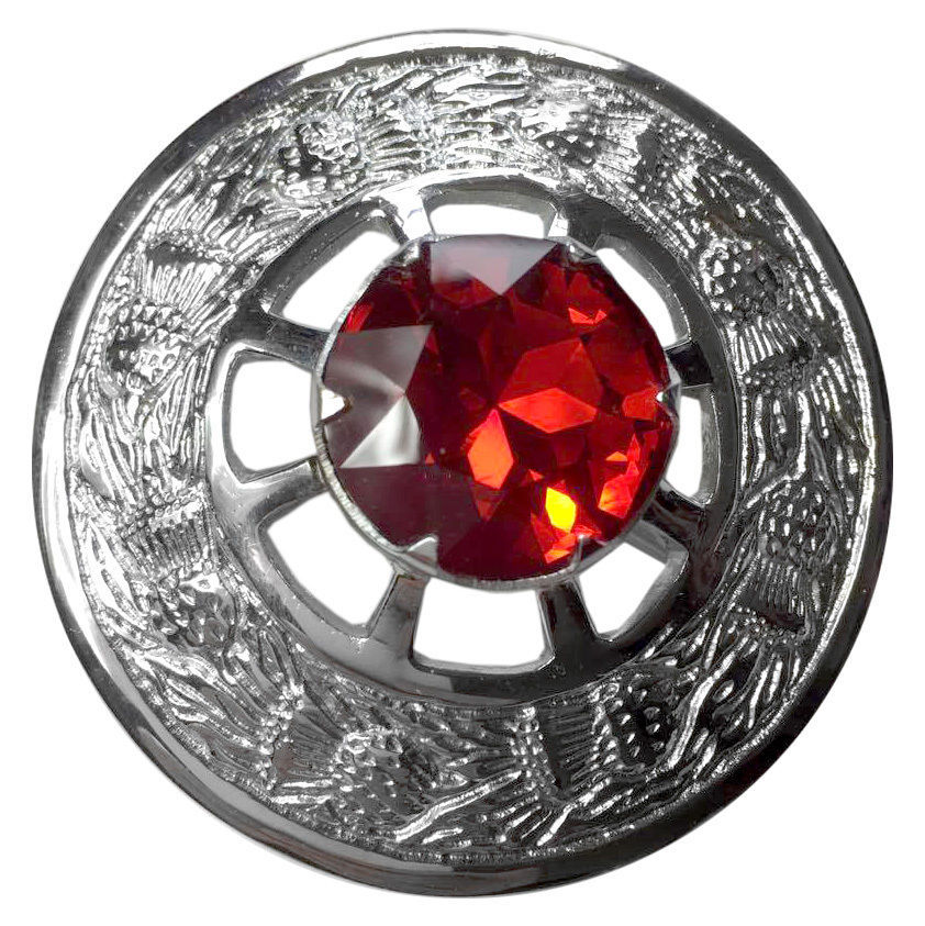 TE Traditional Scottish Kilt Fly Plaid Brooch Red Stone Chrome Finish 3″ Thistle