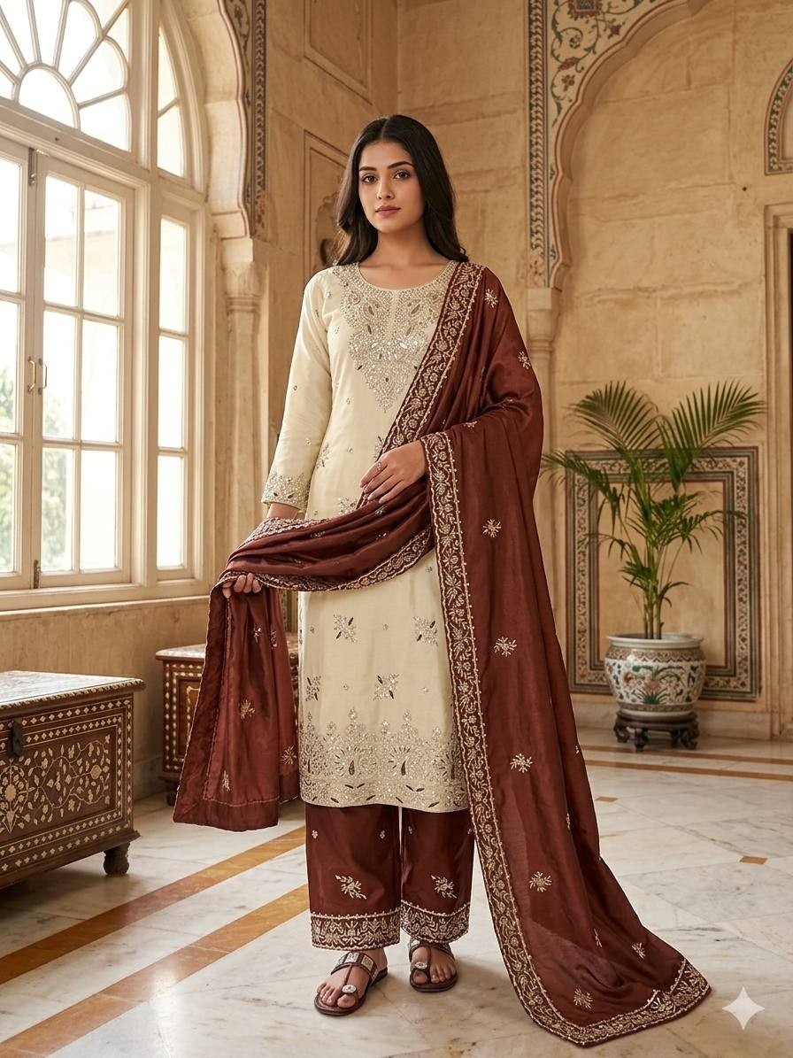Classic Look Silk Brown Palazzo Suit With Dupatta For Indian Party Wear