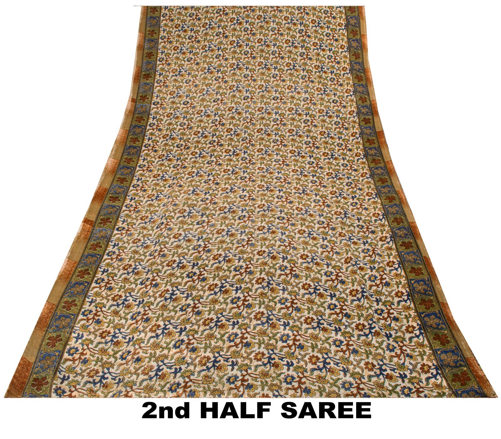 Sanskriti Vintage Ivory Moss Crepe Saree Floral Printed Craft Fabric 5+Yard Sari
