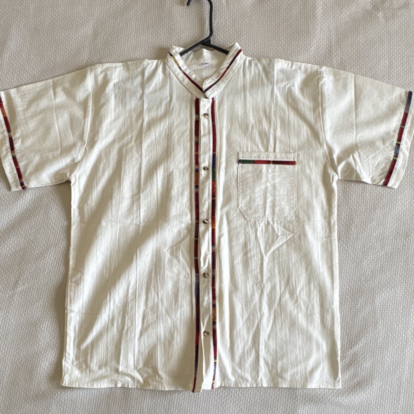 Handmade Men’s Mexican Shirt White Cotton Short Sleeve Decorative Trim Size G