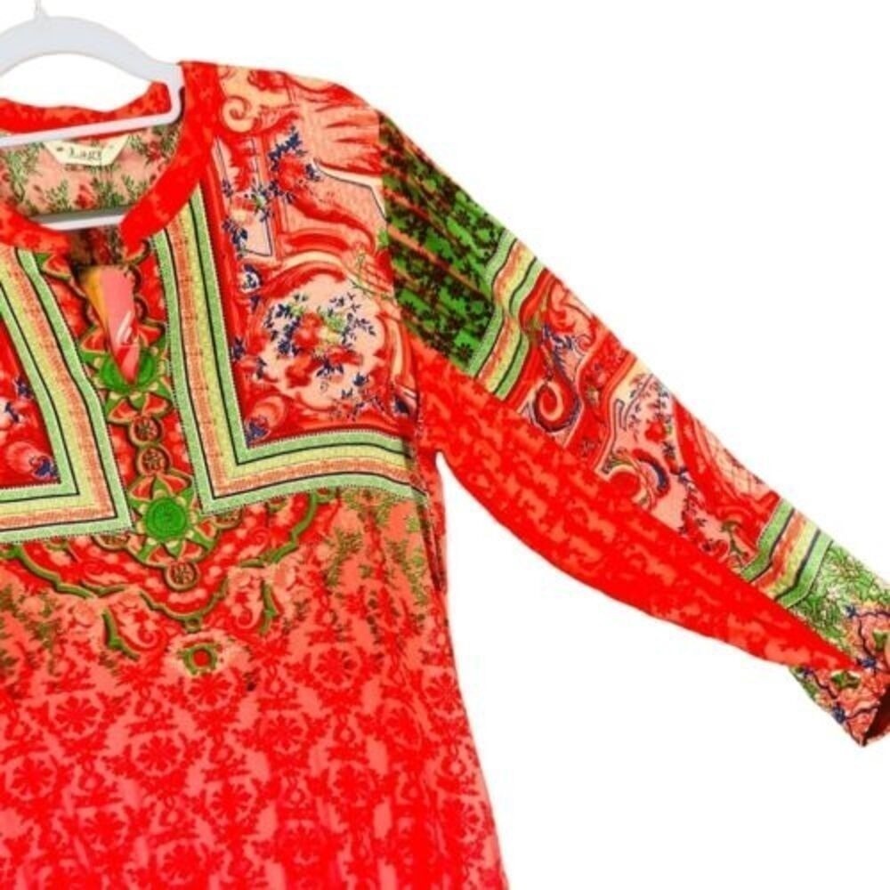 NWT Indian Kurta Kurti Lagi Red Floral Relaxed Long-Line Tunic Blouse Top — SZ M