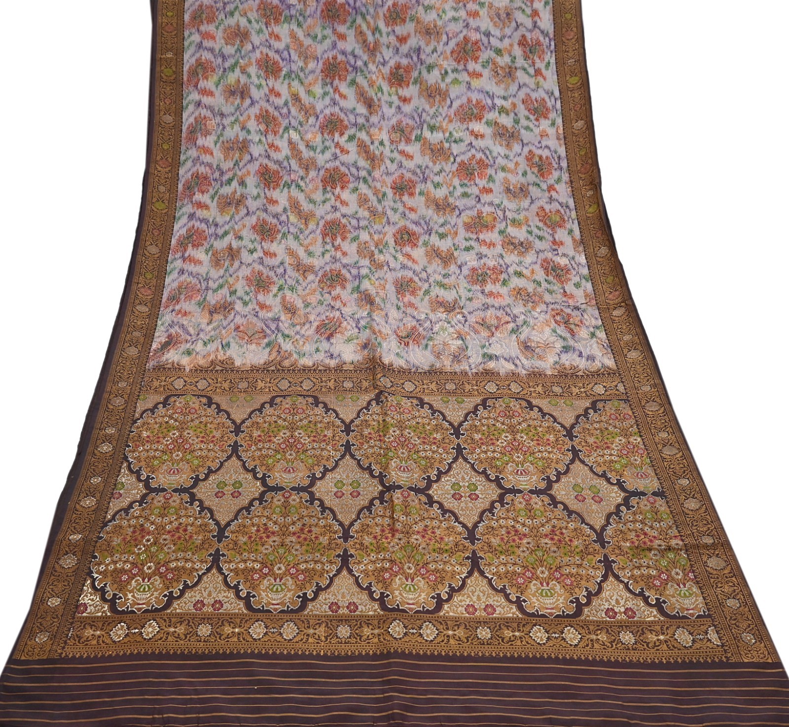 Indian Vintage Heavy Saree Brown & Multi 100% Pure Silk Hand Woven Ikat Sari 5yd